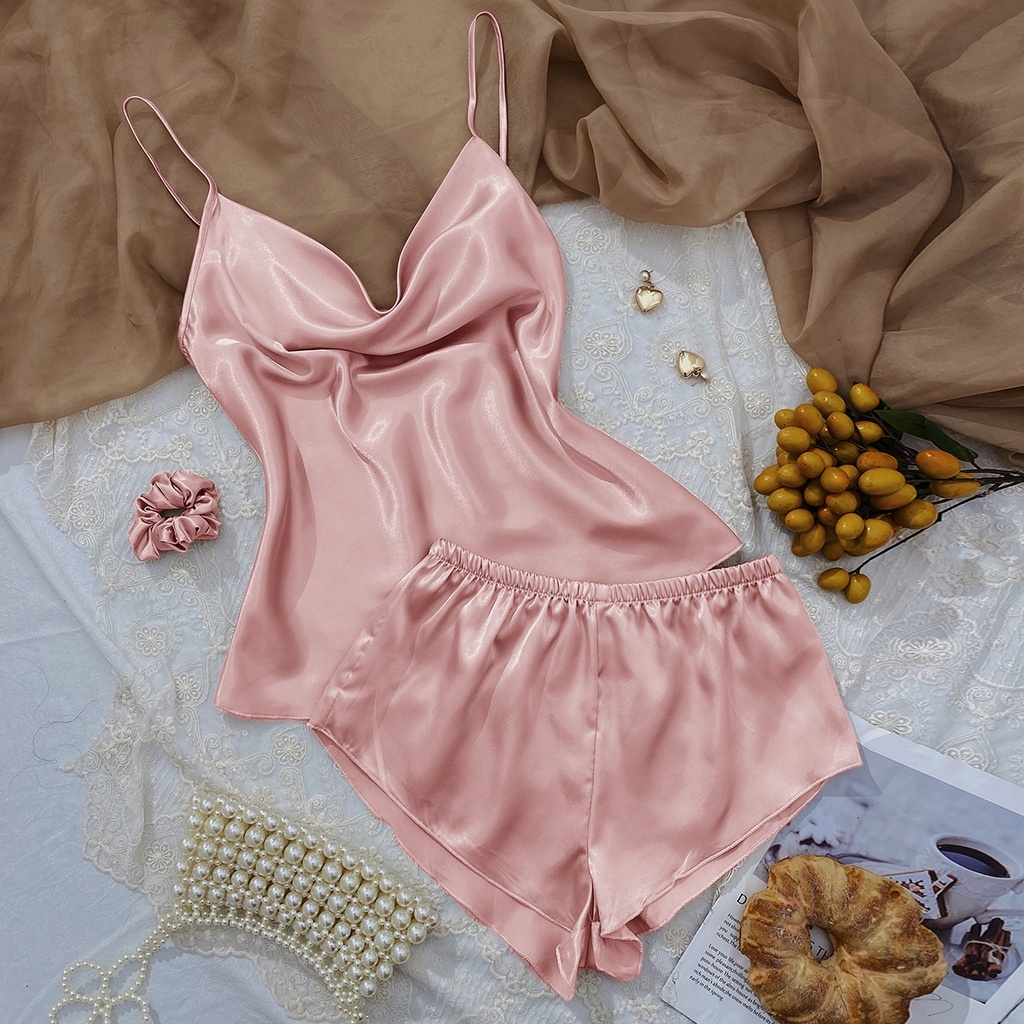 2 Pieces Ladies Sexy Silk Satin Pijama Sleeveless Sleepwear Set Top and Shorts
