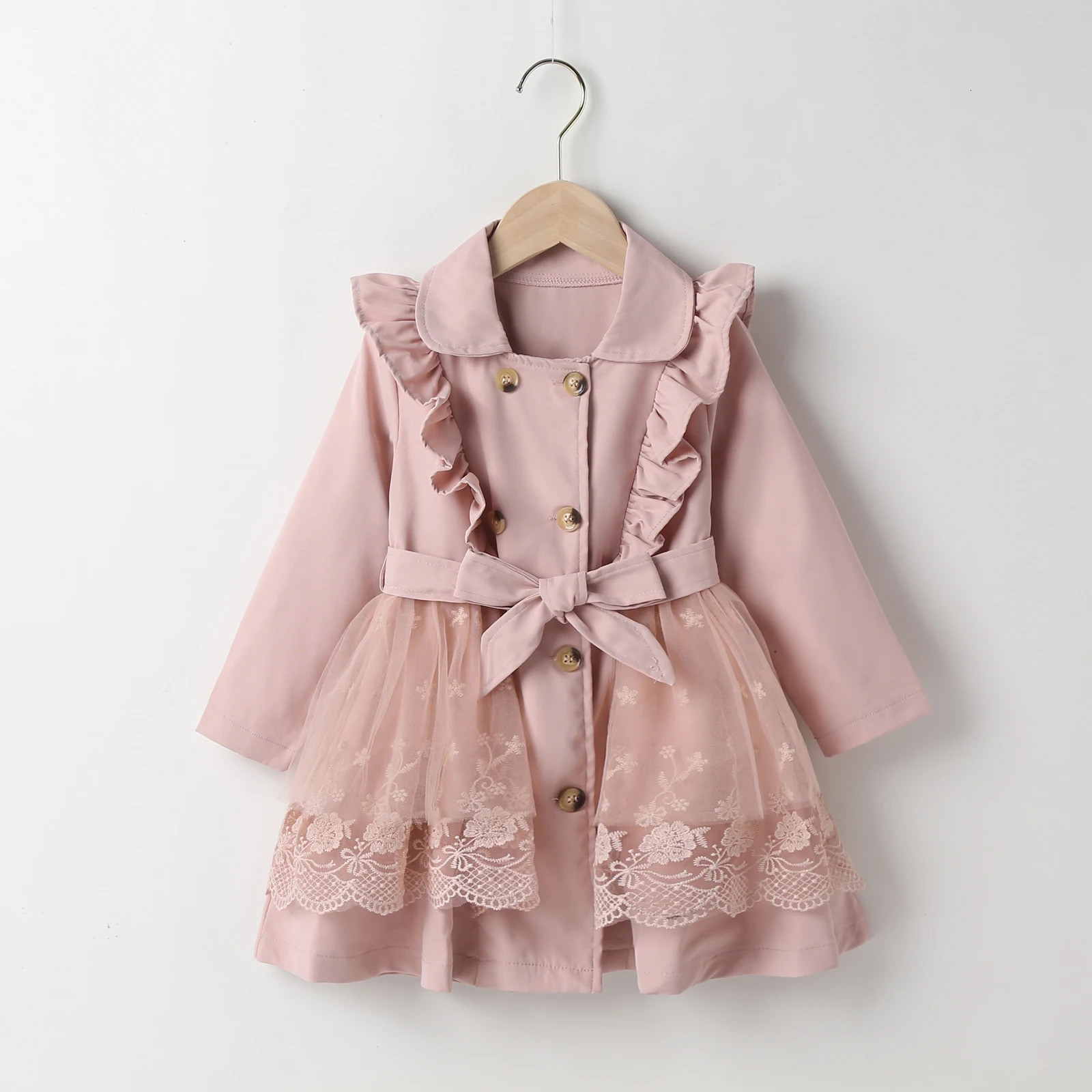 Kid Baby Girl Winter Trench Coat Lace Mesh Patchwork Long Sleeve Lapel Ruffle Double Breasted Windbreaker Outwear with Belt 2-7T 240711