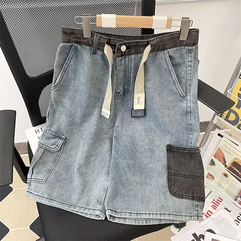 Summer American high street denim shorts, men's washed trendy brand loose mid length pants, niche patchwork contrasting five quarter pants