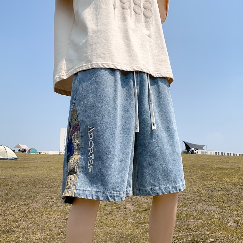 Little Bear Splicing Cowboy Shorts for Men in Summer, Thin, Loose, Large, Casual, American Trendy Brand, 5/10 Mid Pants