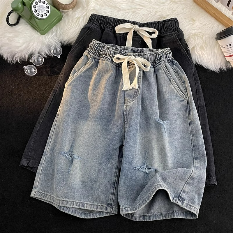 Drawstring elastic waistband distressed denim for men's summer street fashion label loose straight leg oversized casual cropped shorts
