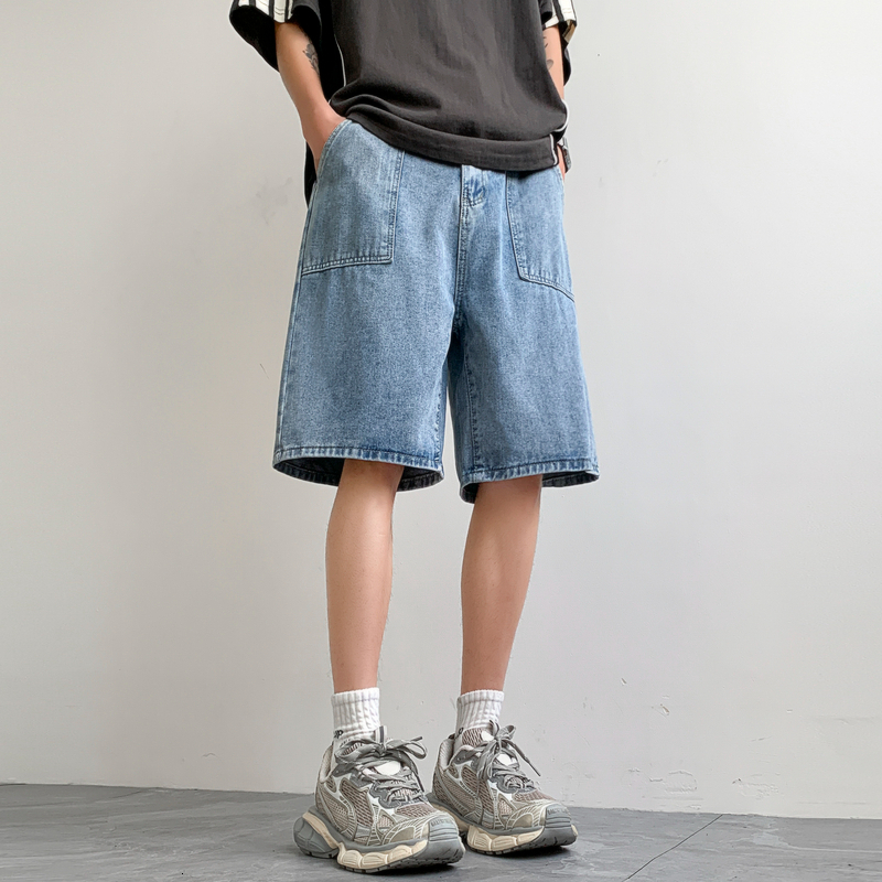 Denim shorts for men's summer loose fit straight leg shorts, American casual fashion brand five piece pants