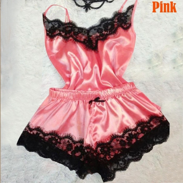 Ready Stock Women's Pama Cami Silky Lace Nightwear 2 Piece Set Lingerie Short Sleepwear