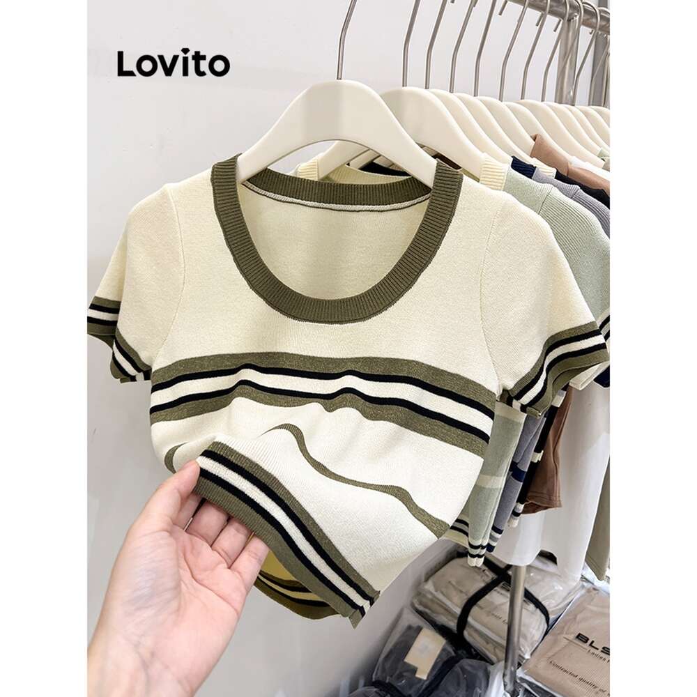 Lovito Casual Striped Short Sleeve T-Shirt for Women LNA21137 Apricot/Black