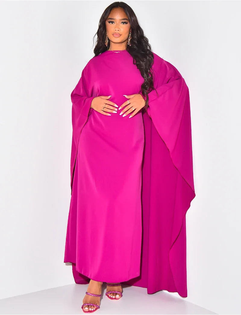 Autumn Fashion Satin Party Dress Robe Abaya Muslim Women Elegant Solid Round Neck Bat Sleeves Loose Maxi Dress Women 240715