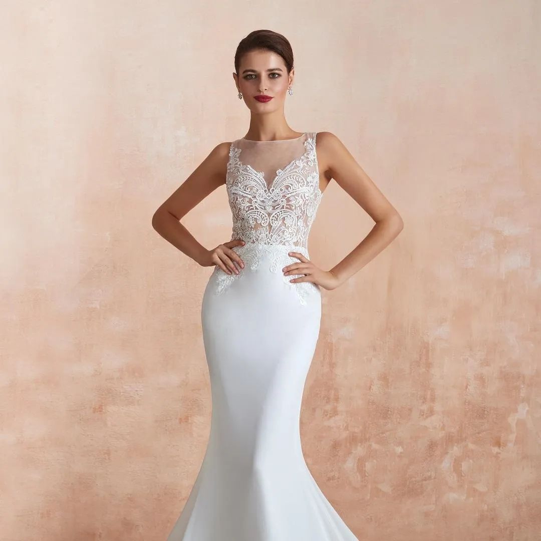 2024 Boho Garden Mermaid Wedding Gowns Sheer Neck Lace Appliques Illusion Back Brides Dresses Simple Chiffon Sweep Train robes de Summer Beach Vestido