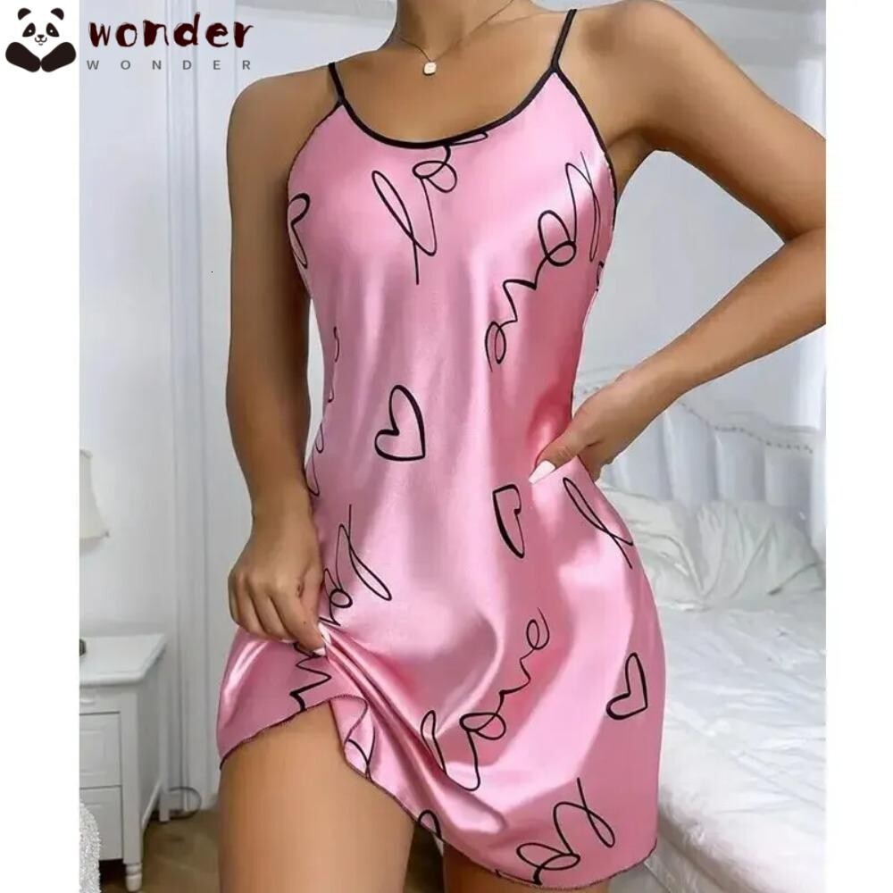 WONDER Summer Sexy Pamas, Women Criss Cross Sling Nightdress, Open Back Elegant Romantic Heart Print Sleeveless Sleepwear