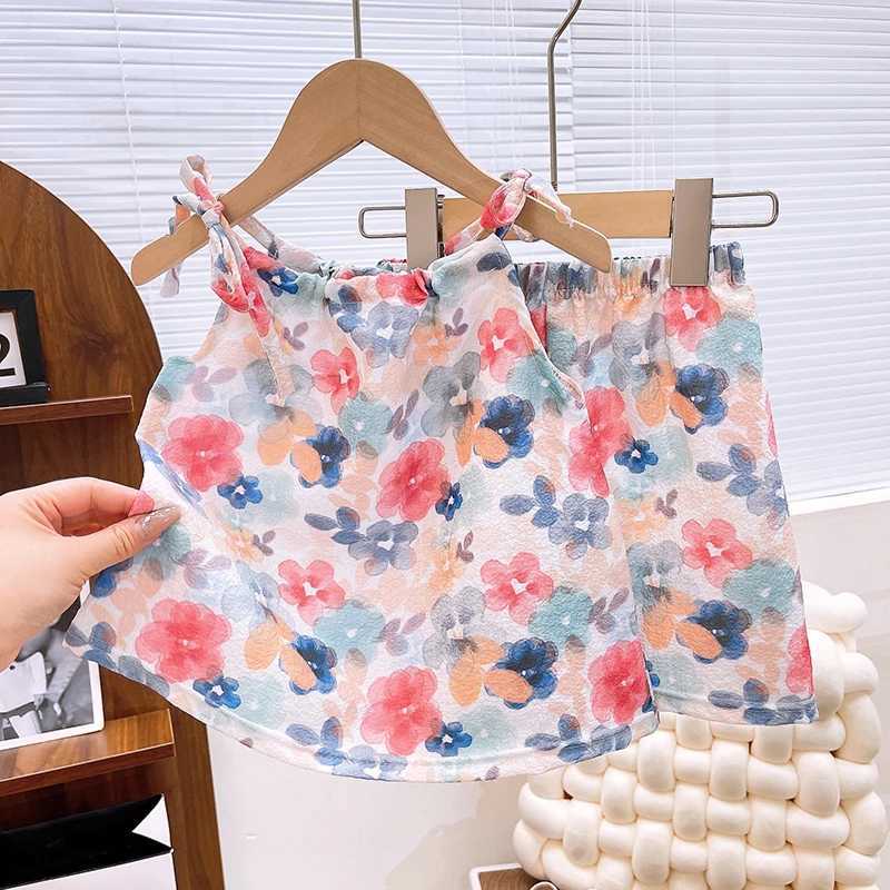 Childrens Home Clothing Baby Pajama Set Cute Flower Pattern Childrens Pajamas Childrens Summer Sleeveless Baby PajamasW240716