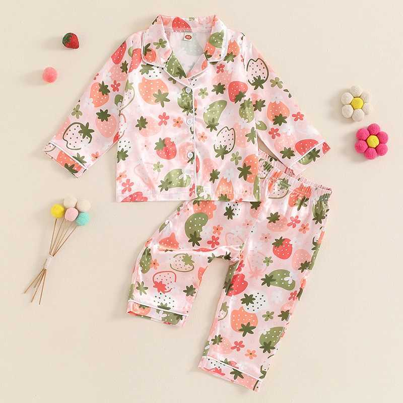 Children and girls 2-piece pajama set with floral print buttons long sleeved shirt and elastic pants loose autumn casual wear pajamasW240716