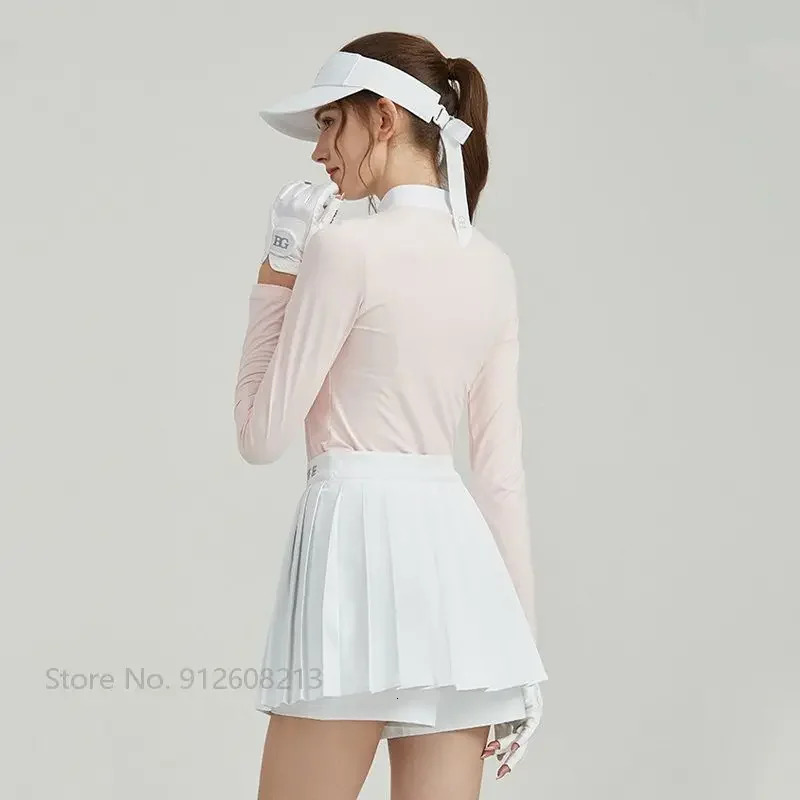 Blktee Women Elastic Quick Dry Golf Shirt Ladies Bow Tie Long Sleeve T-shirt Ladies Slim Zipper Collar Golf Tops Casual Clothing 240715