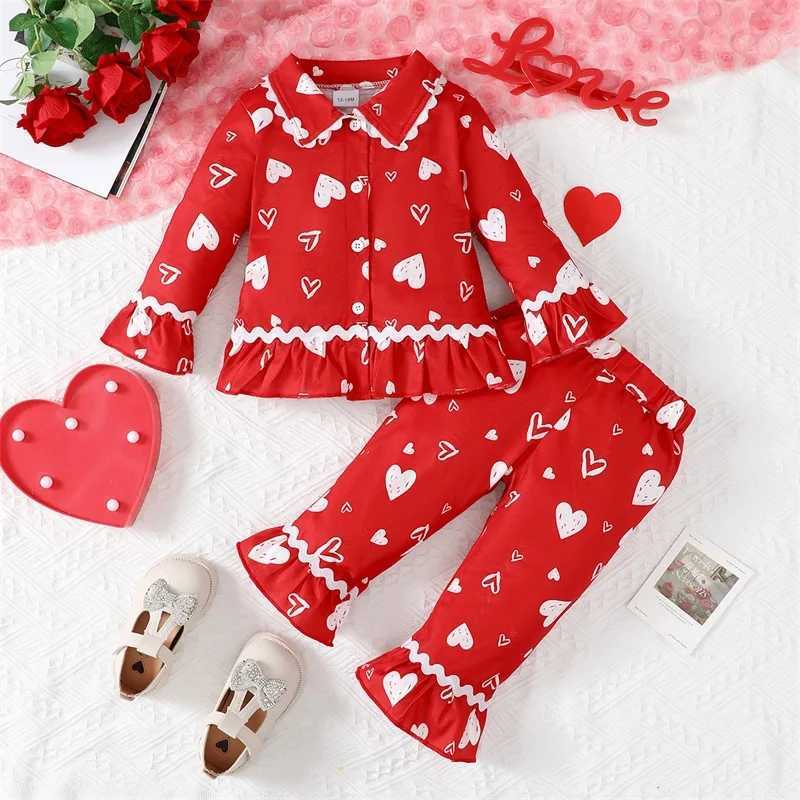 Childrens Valentines Day Pajama Set with Heart Shaped Printed Long Sleeve Top and Pants 2-piece Lounge Set for Girls PajamasW240716