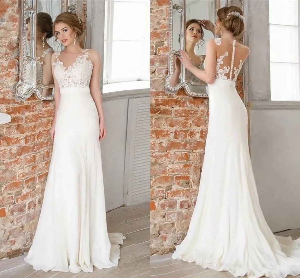 Boho Beach Wedding Dresses Sheer Neck Lace Appliques 2024 Elegant Satin Sweep Train Bridal Gown Illusion Buttons Back robes de mariee Custom Made