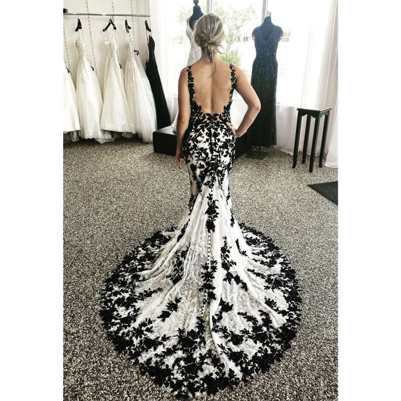 Black White Mermaid Country Wedding Dresses Full Lace Applique Gothic Backless Garden Outdoor Bridal Gown vestido robes Custom made