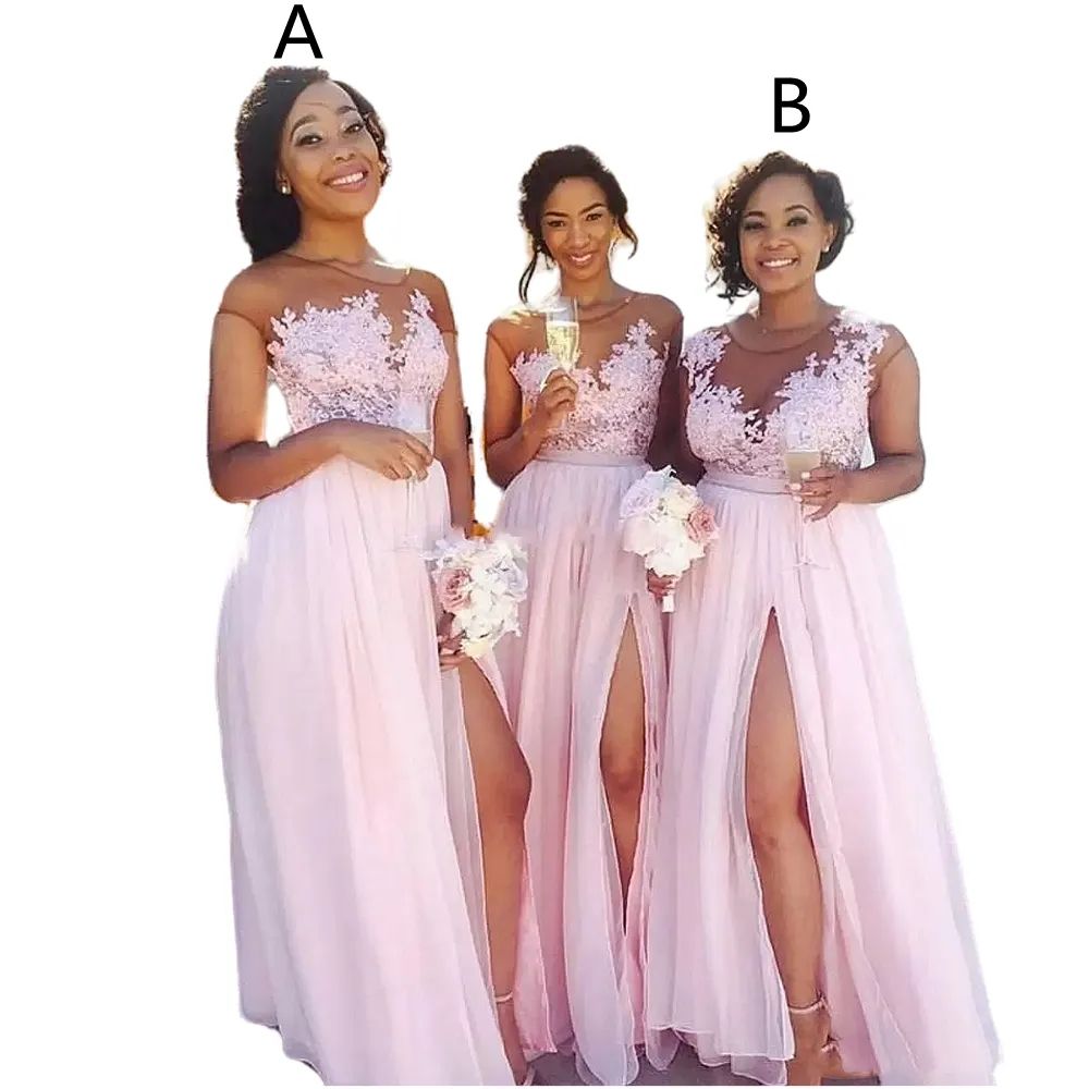 Boho Blush Pink Bridesmaid Dress Sexy Chiffon Side High Split Floor Length A-Line Wedding Guest Gown Illusion Lace Appliques Top Long Gowns 2024 Custo