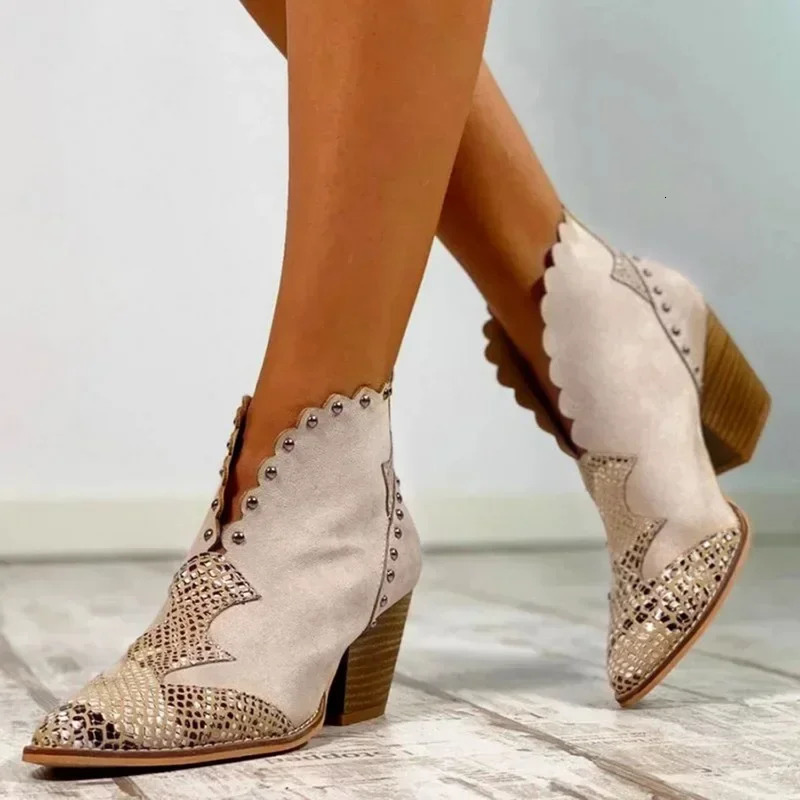 Female Autumn Winter Lace PU Leather Cowboy Ankle Boots Snake Print Western Cowgirl Boot Women Wedge High Heel Booties 240719
