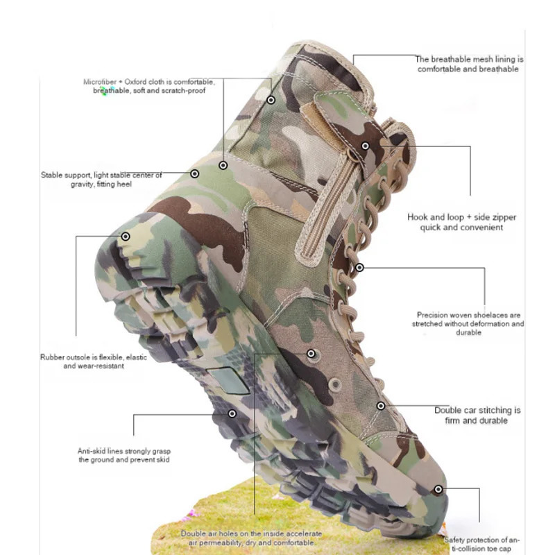 Men Boots Lace Up Waterproof Outdoor Botas Breathable Canvas Camouflage Tactical Combat Desert Ankle Shoes D139 240708