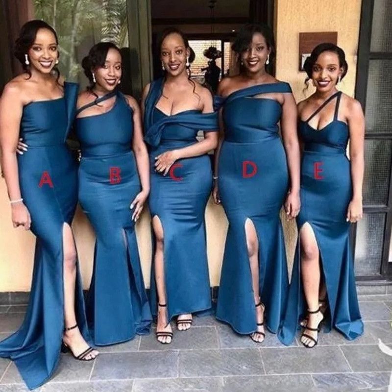 Navy Blue Mermaid Bridesmaid Dresses 2024 Side Slit One Shoulder Straps Floor Length Custom Made Maid of Honor Gown Wedding Guest Party Wear Custom ma