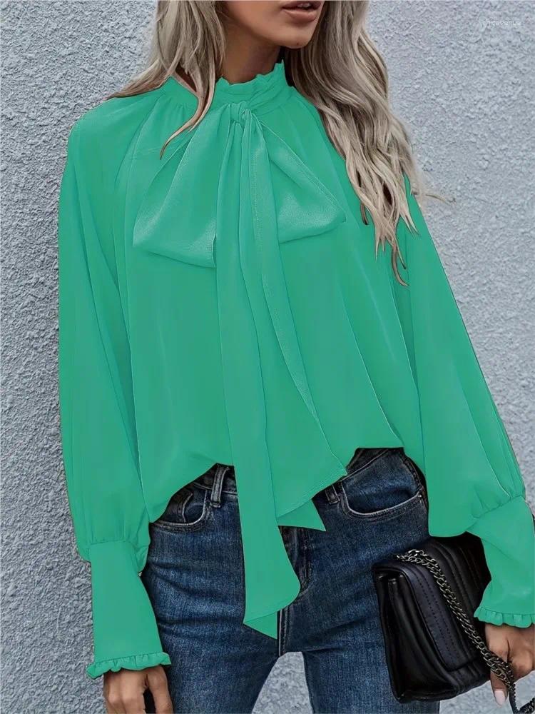 Women's Blouses Fashion Solid Color Chiffon Shirts Women Bowknot Leace-up Sleeve Temperament Elegant Lady Trendy Commuting Clothing