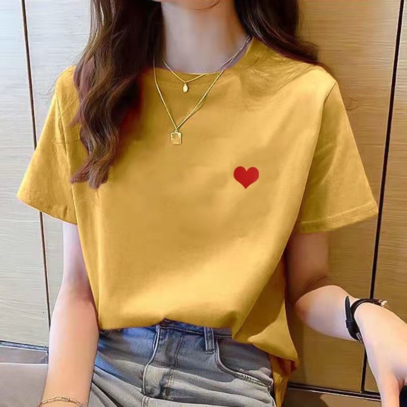 Women Simple Love Print Short Sleeve T-shirt Loose Top Korean Style Casual Tee