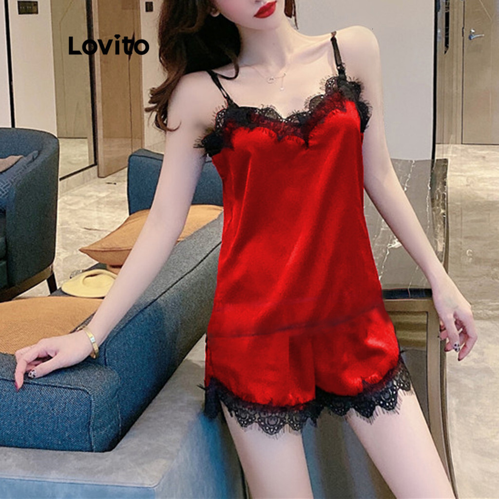 Lovito Sexy Plain Ruffle Neck V-neck Sleeveless Pama Sets for Women LNE07050 (Multi-color)