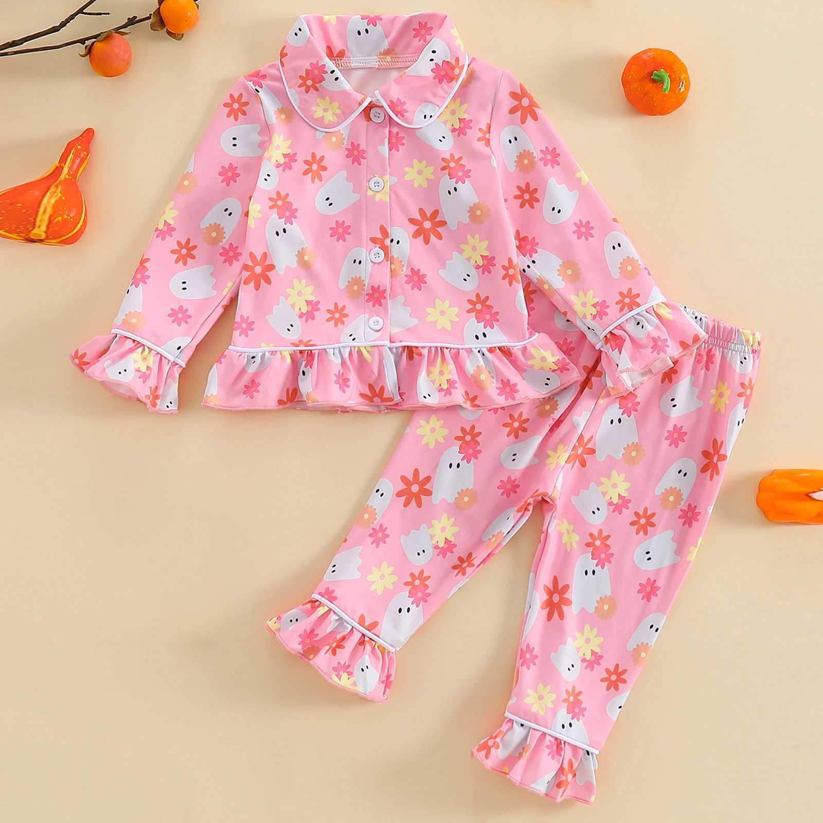 Little Girl Halloween Pajama Set Pumpkin Printed Long Sleeve Collar Button Top Ruffle Pants Pajama 6M-6TW240716