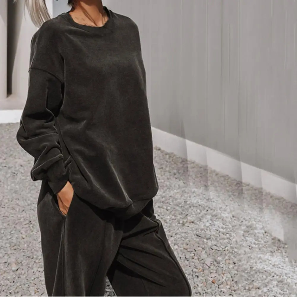 Womens Solid Color Oneck Pants Elastic Waist Sportswear Winter Two Piece Set 240718
