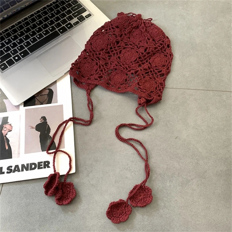 Fashion Beanie Hat for Women Girl Crochets Flower Knitted Hat Ethnic Style Cap Girl Bonnet Y2K Sweet Hat Adult Headdress 240712