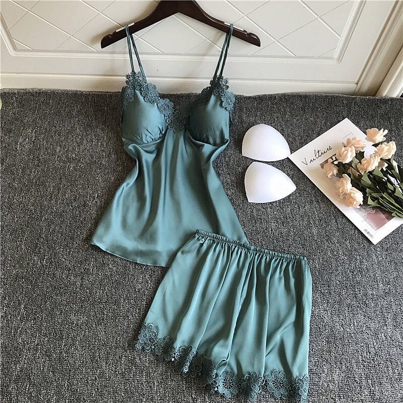 Sexy V-neck women pamas summer ice silk with chest pad nightdress shorts two-piece set thin sleepwear