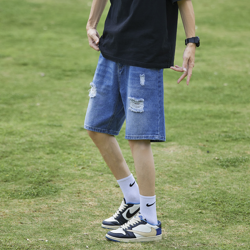 Summer ripped denim shorts men's thin fashion high street straight leg loose five quarter pants
