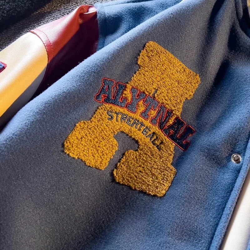 Spring Autumn Jacket Color Block American Embroidery Leather Sleeve Coat Men Trendy Baseball Clothes Casual Student Crop Top 240712