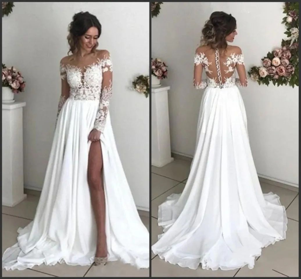 Glamorous Summer Lace Chiffon Bohemian Wedding Dresses Sheer Long Sleeve Bridal Gowns Appliques Jewel Neck Illusion Back With Buttons BC0012 Custom Ma