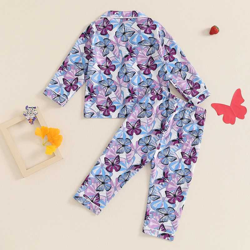 Childrens and Girls Autumn/Winter Pajama Set Butterfly/Cherry/StrAWberry Printed Long Sleeve Shirt Top Long Pants 2-piece Lounge W240716