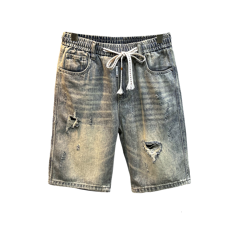 American denim for men, washed and distressed, yellow mud dyed, versatile, trendy, high street, loose straight leg shorts