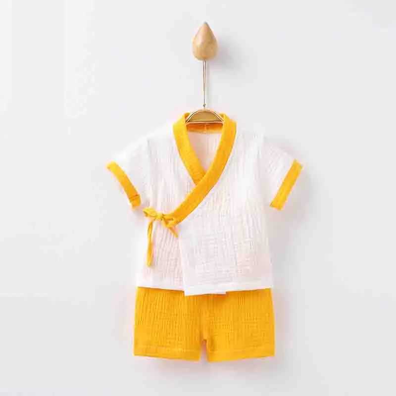 Childrens Hanbok short sleeved set kimono pajamas solid color breathable pajamas Gauze Chinese style childrens retro pajamas LC707W240716