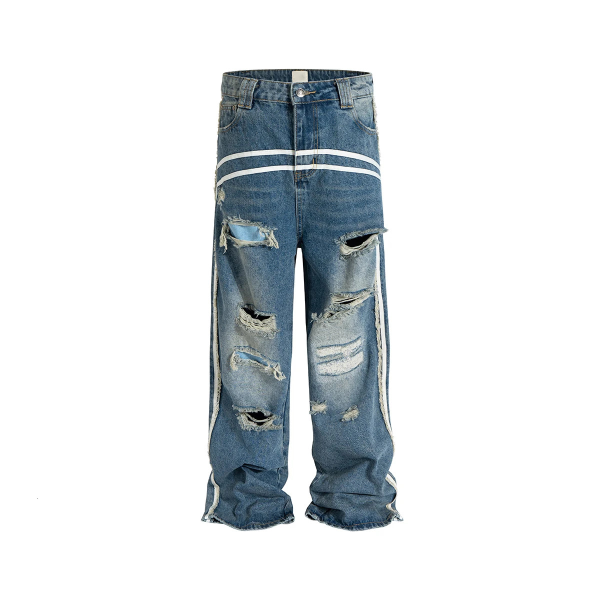 High street white striped washed hole bagged jeans suitable for both men and women Distressed Danim Trouser Oversized 240718
