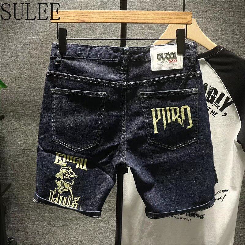 SULEE Men's Fashion Casual Slim Fit High Quality Short Jeans Men Embroidery Street Denim Shorts