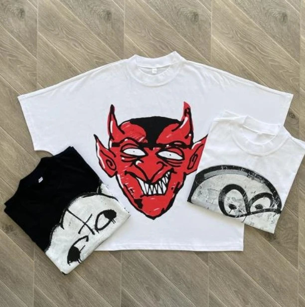 Y2K Cartoon Devil Graphic Print Oversized T Shirt for Men Women Hip Hop Gothic Streetwear Round Neck Cotton Short Sleeve Top 240712