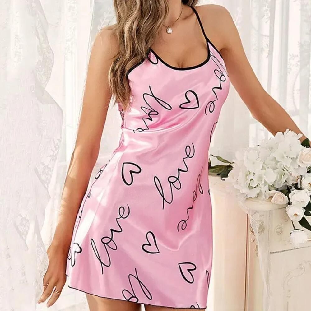 WONDER Summer Sexy Pamas, Women Criss Cross Sling Nightdress, Open Back Elegant Romantic Heart Print Sleeveless Sleepwear