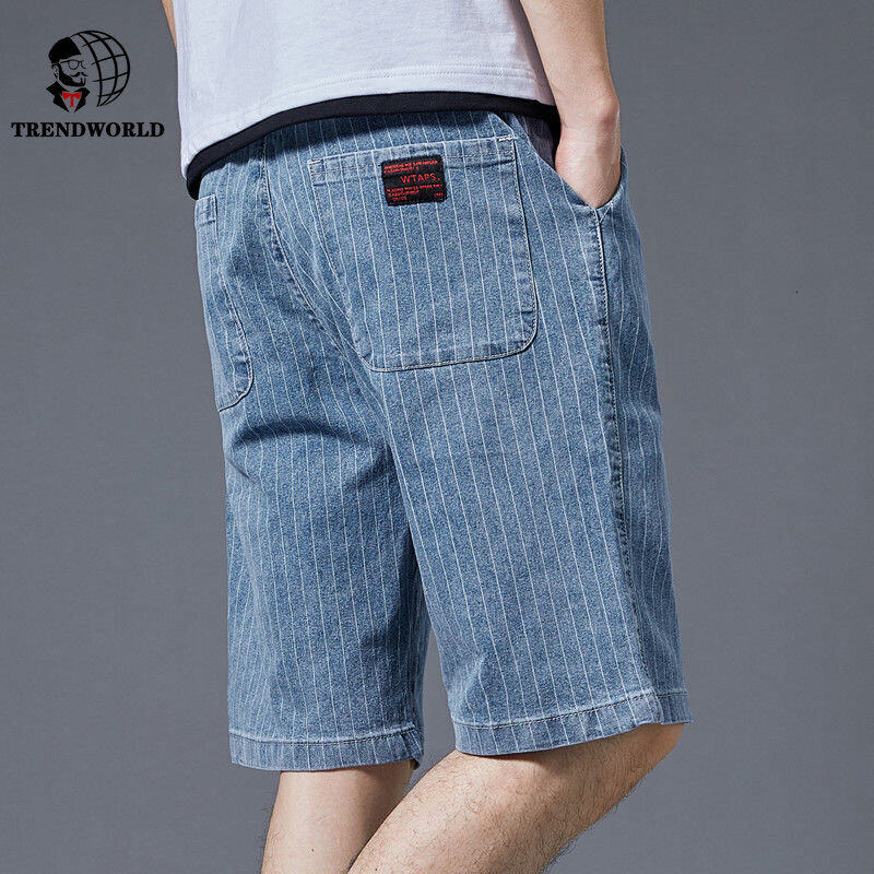 Summer Denim Shorts Men's Loose Outwear Cropped Fashion Brand Stripe Lace Large Casual Pants