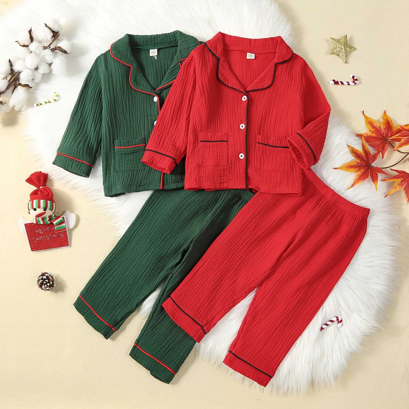 Childrens Girls and Boys Pajama Set Cotton Linen Casual Childrens Casual Clothing Long Sleeve Collar Top Elastic Waist Trouser Pajama SetW240716