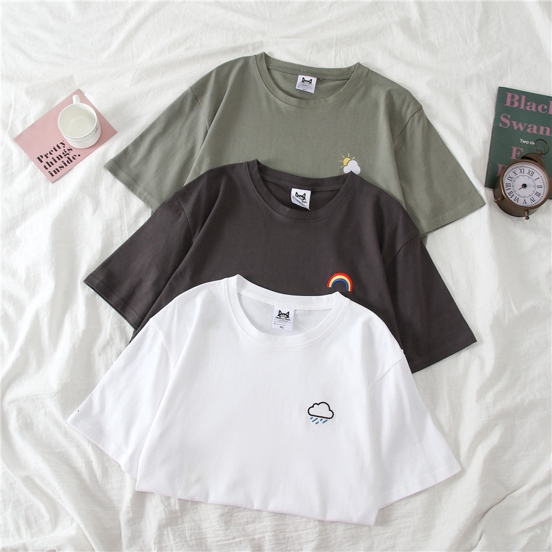 SUXI Round Neck Korean Rainbow Embroidery Short Sleeve Shirt T-shirt