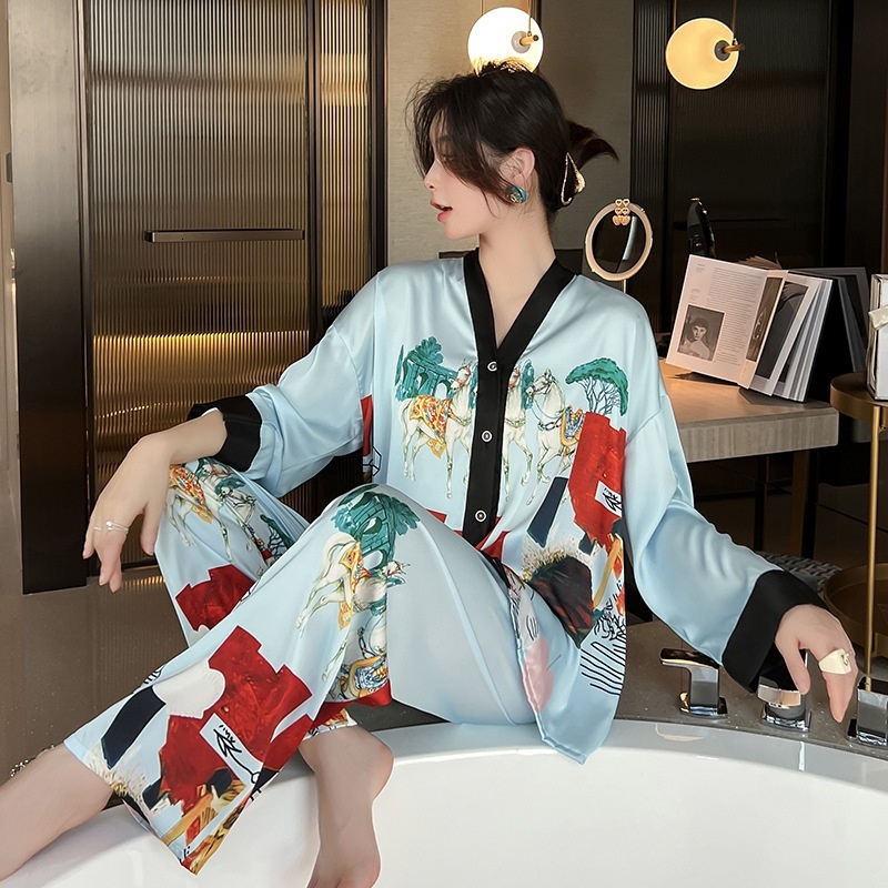 Ice Silk Pamas Women's Spring And Autumn Long Sleeved Cardigan High Quality Printing Suit Pyjamas
