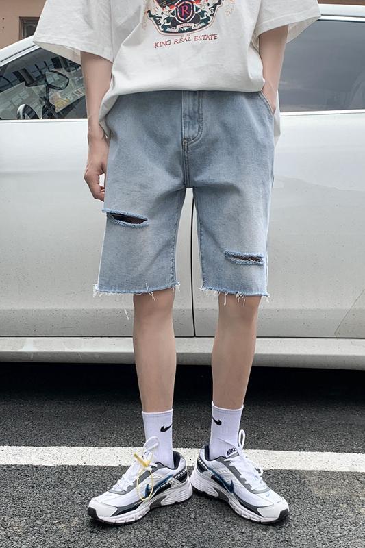 Broken hole shorts for men, loose and five quarter brand denim mid horse pants, trendy summer thin design
