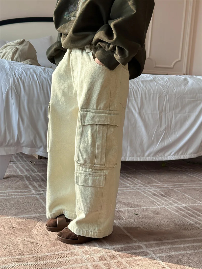 Children Clothing Kids Pants Spring Overalls Korean Style Boys and Girls Solid Color Big Pockets Casual Pants Handsome 240716