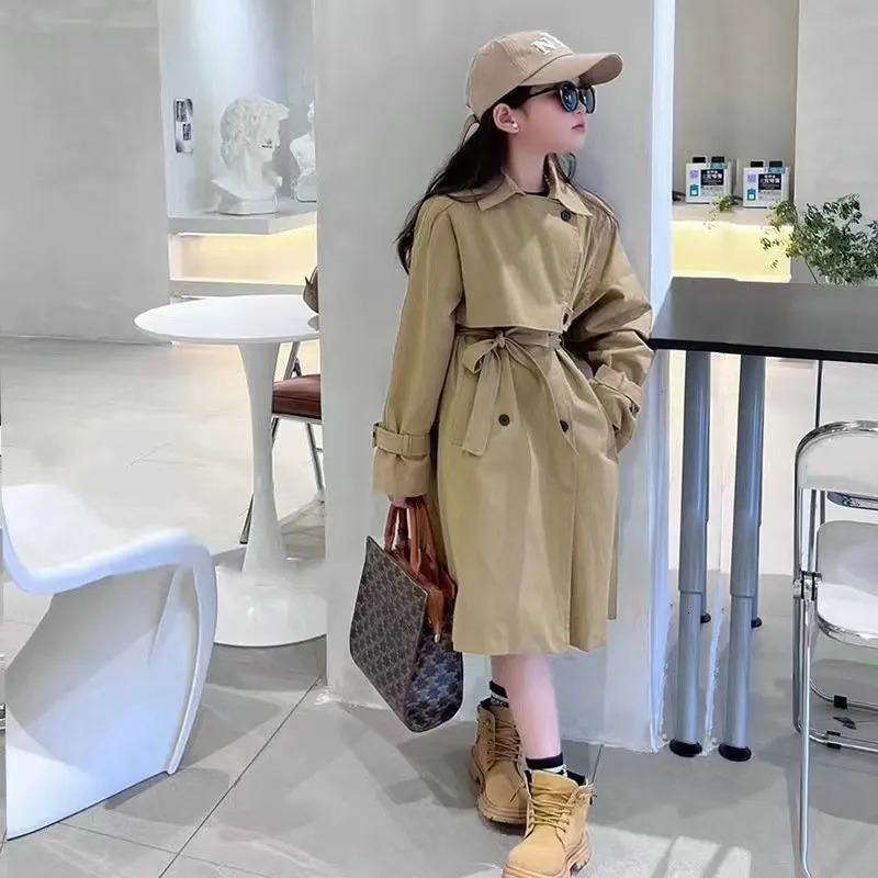 teenager Girls double breasted trench coat Korean 4-15 kids long jacket manteau enfant gabardina larga outerwear casaco infantil 240711