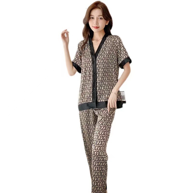Ice Silk Pamas Women's Spring And Summer Thin Homewear Short-sleeved Cardigan Satin Large Size Sleepwear