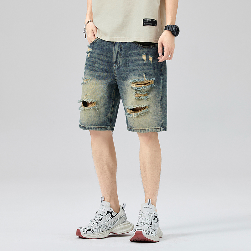 Summer fashion brand loose mid length five quarter pants, high-quality shorts, ripped jeans, men's