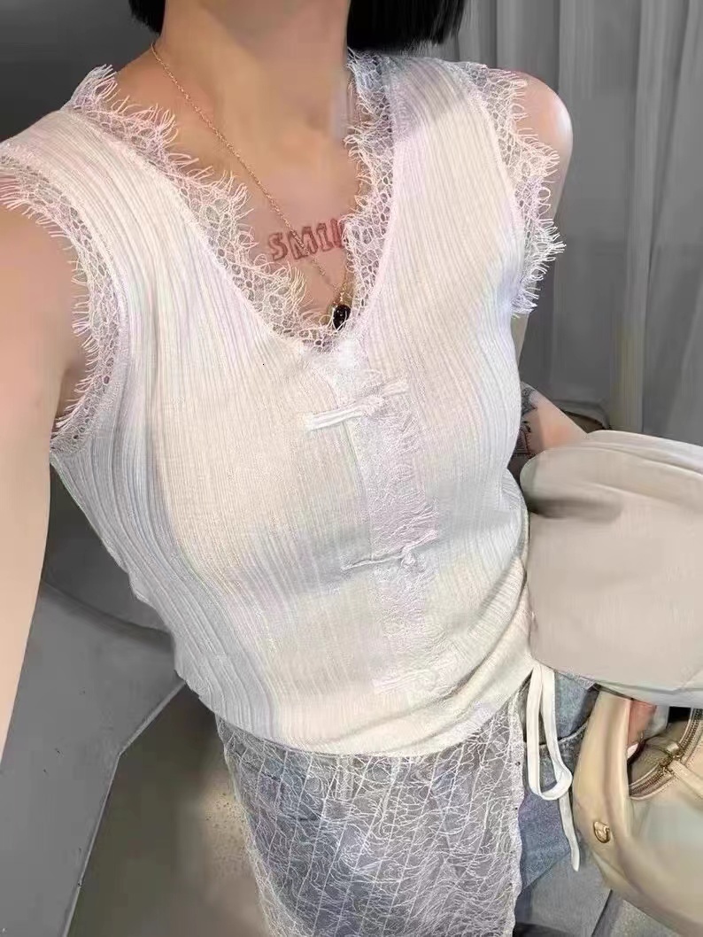 Strap vest sleeveless top trendy lace for women, sexy black, Chinese style button knit