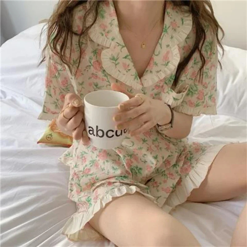 Floral Women Pajamas Sleepwear Shorts Sets Korean Style Pijama Loungewear Cute Summer Two Piece Set Ruffle Night Wear Home Suit 240712