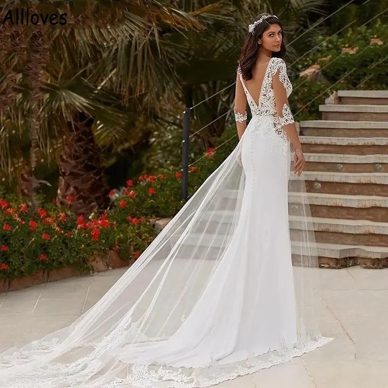 V Neck Tulle Overskirts Mermaid Wedding Dresses With Half Illusion Sleeves Lace Appliqued Boho Beach Bridal Gowns Elegant Satin Sexy Open Back Robes d